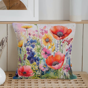 Watercolor Spring Abstract Wildflower Explosion Throw Pillow