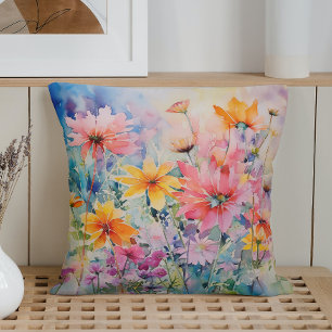 Watercolor Spring Abstract Wildflower Explosion Throw Pillow