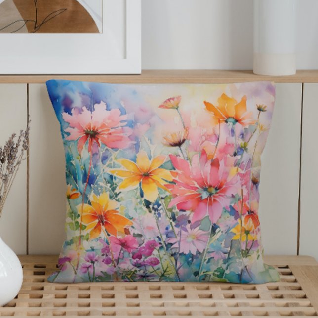 Watercolor Spring Abstract Wildflower Explosion Throw Pillow (Creator Uploaded)