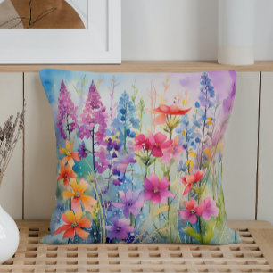 Watercolor Spring Abstract Wildflower Explosion Throw Pillow