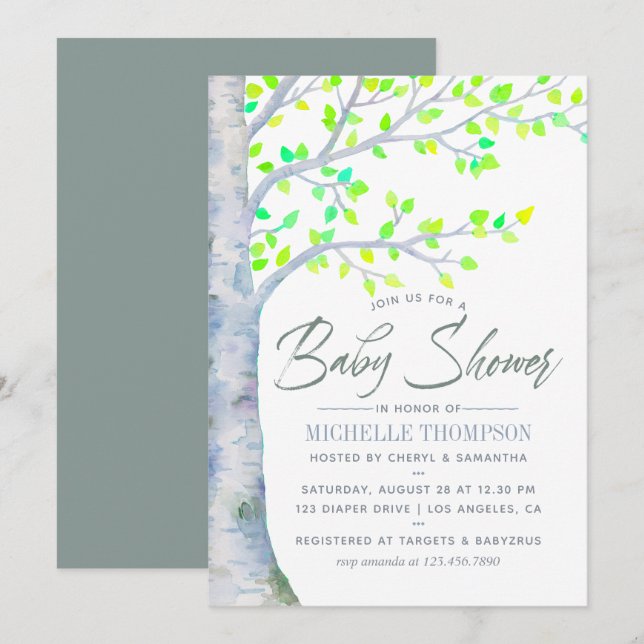 Watercolor Spring Birch Tree Baby Shower invite (Front/Back)