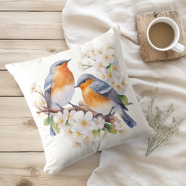 Watercolor Spring Birds and Blooms Throw Pillow (Creator Uploaded)