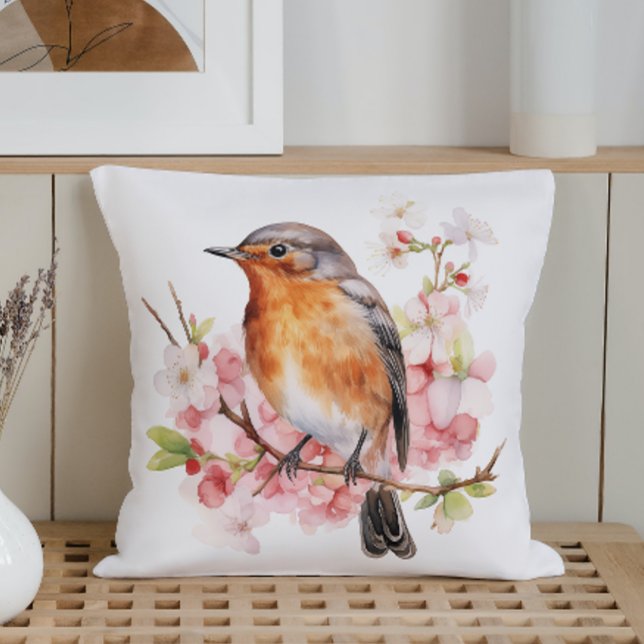 Watercolor Spring Birds and Blooms Throw Pillow (Creator Uploaded)