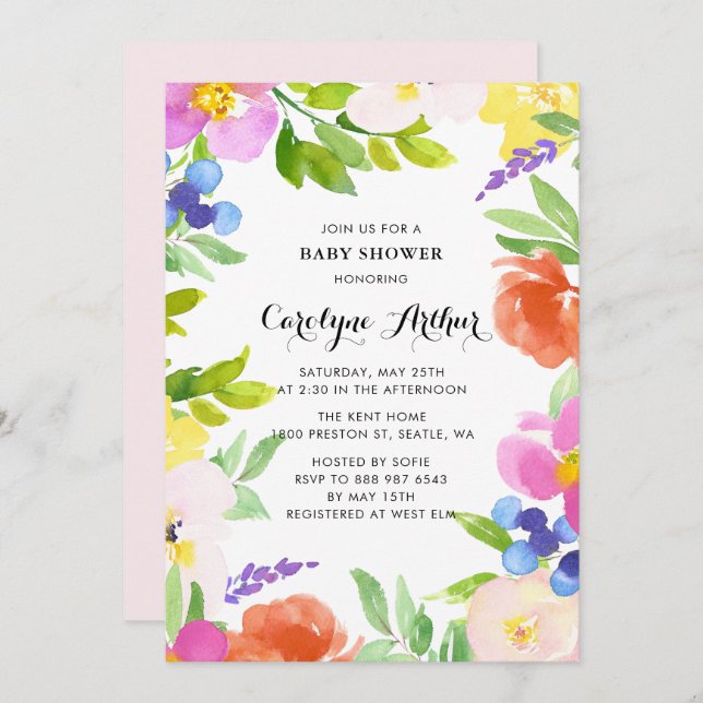 Watercolor Spring Blooms Baby Shower Invitation II (Front/Back)