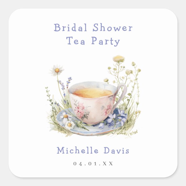 Watercolor Spring Bridal Shower Tea Party Square Sticker (Front)