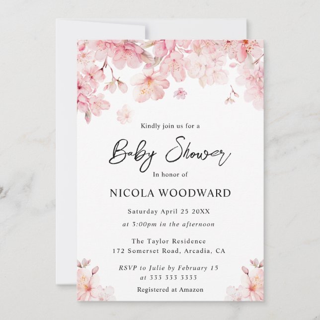 Watercolor Spring Cherry Blossoms Baby Shower Invitation (Front)