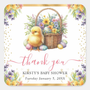 Watercolor Spring Chick Basket Baby Shower Square Sticker