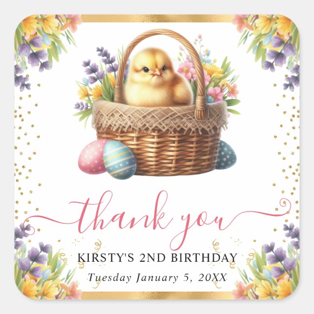 Watercolor Spring Chick Basket Birthday Square Sticker (Front)