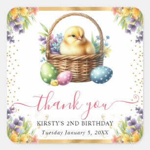 Watercolor Spring Chick Basket Birthday Square Sticker