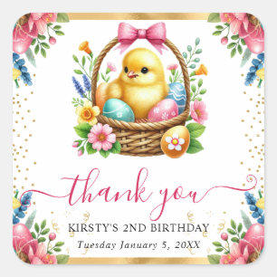 Watercolor Spring Chick Basket Birthday Square Sticker