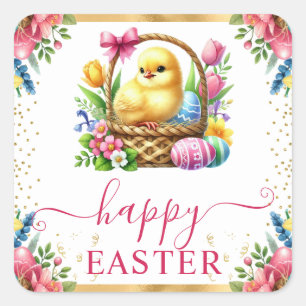 Watercolor Spring Chick Basket Easter Square Sticker