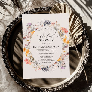 Watercolor spring colourful wildflowers wreath invitation