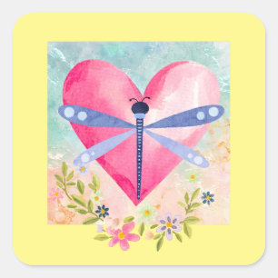 Watercolor Spring Dragonfly, Heart, Flowers Square Sticker