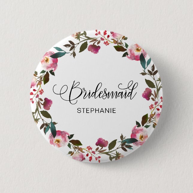 Watercolor Spring Floral Bridesmaid 2 Inch Round Button (Front)