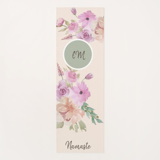 Watercolor Spring Floral Pattern Monogram Yoga Mat (Front)