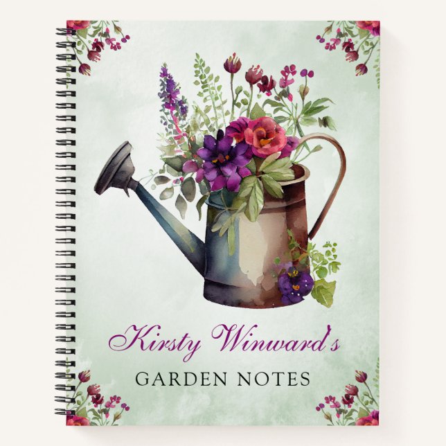 Watercolor Spring Floral Watering Can Garden Notes Notebook (Front)