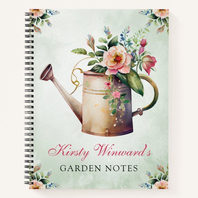 Watercolor Spring Floral Watering Can Garden Notes Notebook (Front)