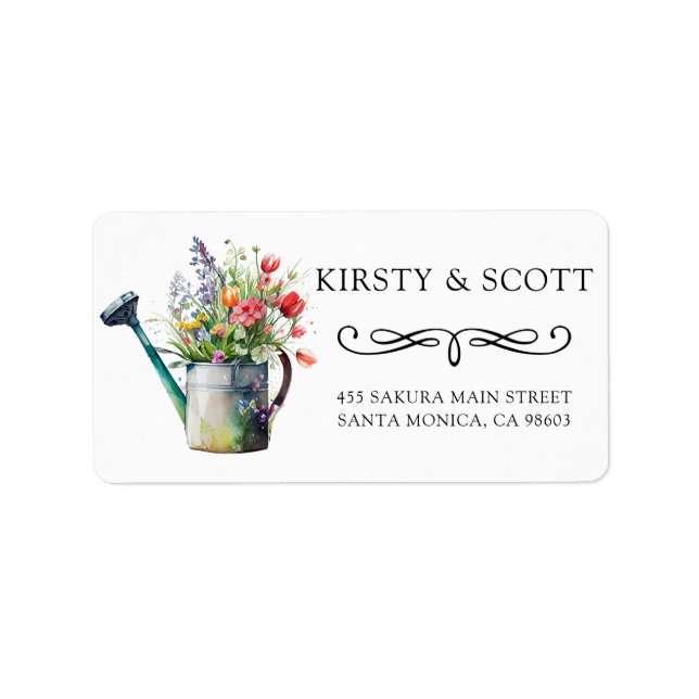 Watercolor Spring Floral Watering Can Wedding Label (Front)