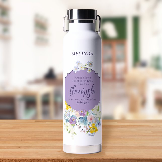 Watercolor Spring Florals Bible Verse Personalized Water Bottle (Creator Uploaded)