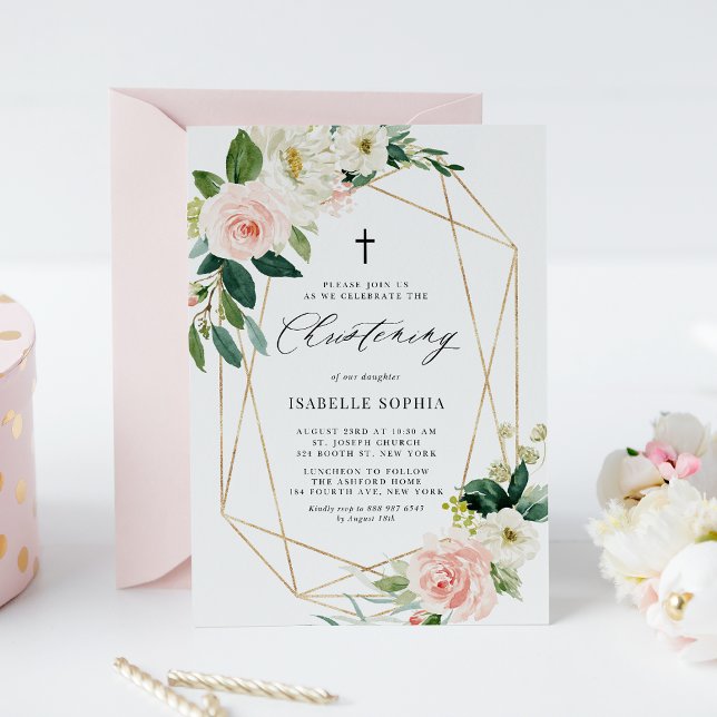 Watercolor Spring Florals Gold Frame Christening Invitation (Creator Uploaded)