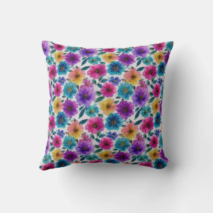 Watercolor Spring Flower Blossoms Colourful Floral Throw Pillow