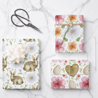 Watercolor Spring Flower Bunny Vintage Easter Wrapping Paper Sheet
