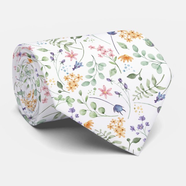 Watercolor Spring Flower Pattern  Tie (Rolled)
