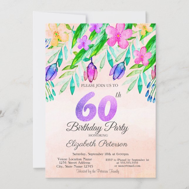 Watercolor Spring Flowers 60th Birthday  Invitation (Front)