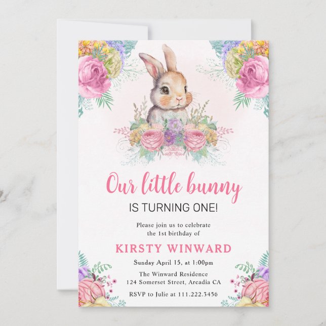 Watercolor Spring Flowers and Rabbit 1st Birthday Invitation (Front)