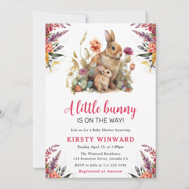 Watercolor Spring Flowers and Rabbits Baby Shower Invitation (Front)