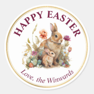 Watercolor Spring Flowers and Rabbits Happy Easter Classic Round Sticker