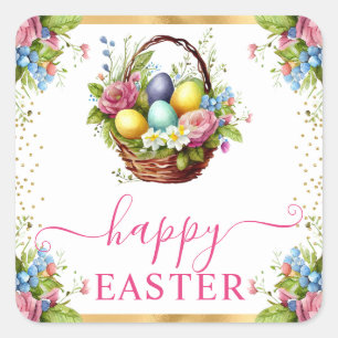 Watercolor Spring Flowers Basket Happy Easter Square Sticker