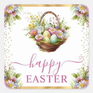Watercolor Spring Flowers Basket Happy Easter Square Sticker