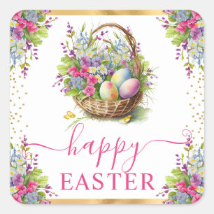 Watercolor Spring Flowers Basket Happy Easter Square Sticker