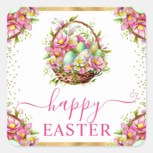 Watercolor Spring Flowers Basket Happy Easter Square Sticker