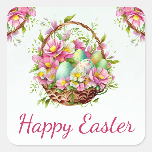 Watercolor Spring Flowers Basket Happy Easter Square Sticker (Front)