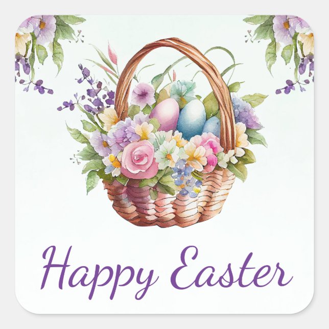 Watercolor Spring Flowers Basket Happy Easter Square Sticker (Front)