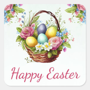 Watercolor Spring Flowers Basket Happy Easter Square Sticker