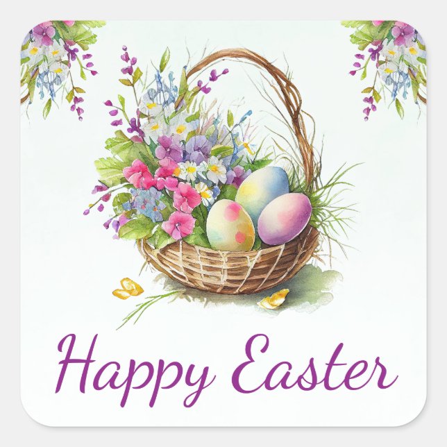Watercolor Spring Flowers Basket Happy Easter Square Sticker (Front)