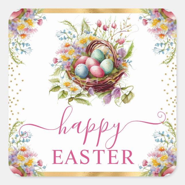 Watercolor Spring Flowers Basket Happy Easter Square Sticker (Front)