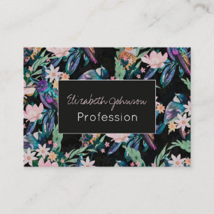 Watercolor Spring Flowers Birds Black Pattern Business Card