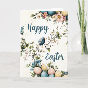Watercolor Spring Flowers & Birds Easter Holiday Card