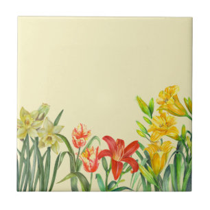Watercolor Spring Flowers Botanical Illustration Tile
