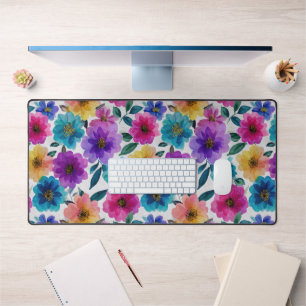 Watercolor Spring Flowers Colourful Floral Pattern Desk Mat
