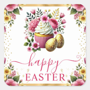 Watercolor Spring Flowers Cupcake Easter Square Sticker