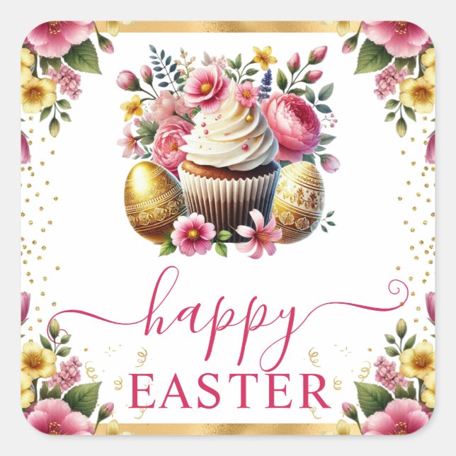 Watercolor Spring Flowers Cupcake Easter Square Sticker (Front)
