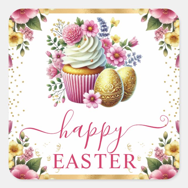 Watercolor Spring Flowers Cupcake Easter Square Sticker (Front)
