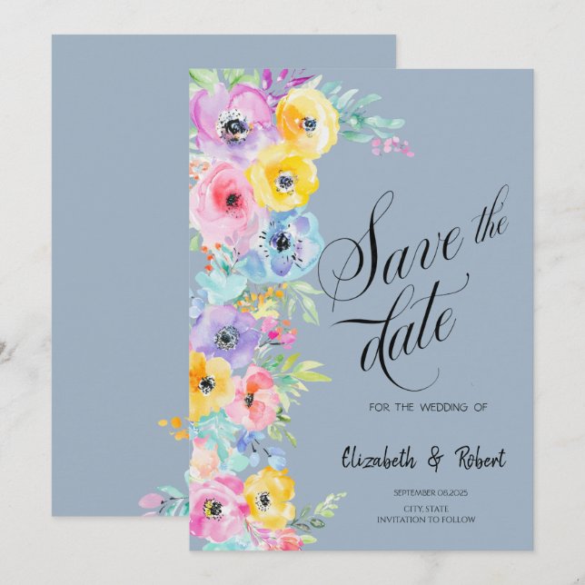 Watercolor Spring Flowers Dusty Blue Save The Date (Front/Back)