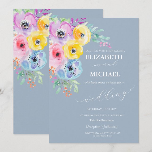 Watercolor Spring Flowers Dusty Blue Wedding Invitation (Front/Back)