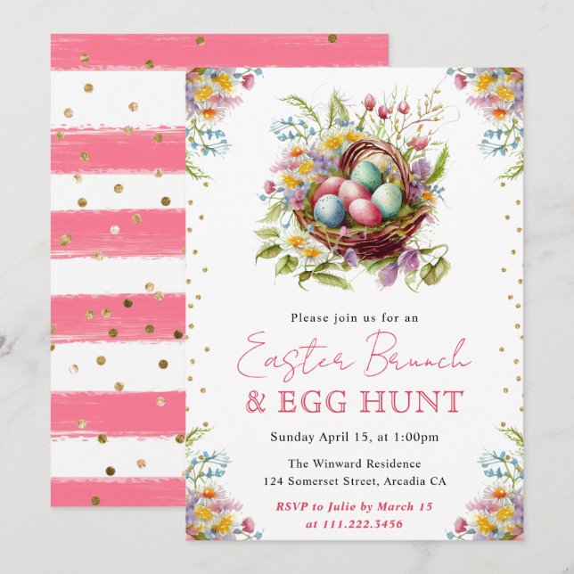 Watercolor Spring Flowers Easter Basket Brunch Invitation (Front/Back)